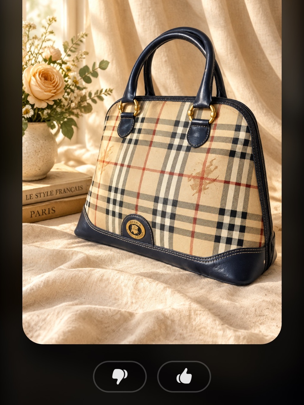 Burberry Alma Check Handbag with Black Leather Trim.